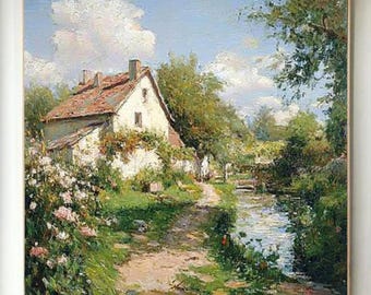 Vintage Impressionist Cottage Oil Painting, Original Rural Landscape Wall Art, Rustic French Countryside Canvas,  Flower Garden Decor