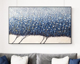 Large Abstract Blue Tree Oil Painting, Original 3D Heavy Texture Panorama Canvas, Modern Indigo and Gold Pointillist Wall Decor