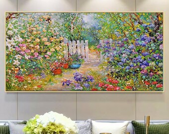 May include: A painting of a garden with a white picket fence and a path leading through it. The garden is filled with colorful flowers, including pink, purple, and yellow. There are also some birds in the painting.