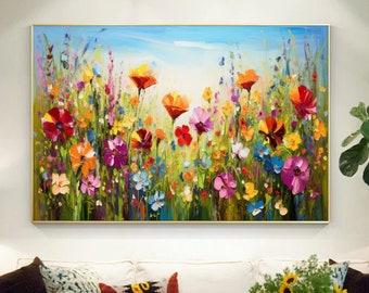 Pintura al óleo de flores sobre lienzo, pintura abstracta de flores coloridas, pintura de paisaje de flores, arte de pared Floral, lienzo, sala de estar de primavera