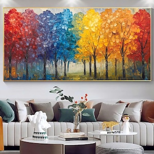 Large Original Tree Oil Painting On Canvas Forest Autumn Painting Living room Art Hand-painted Heavy Textured Impasto Painting Boho Wall Art