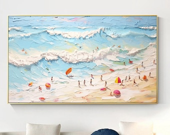 Landscape Beach Ocean Art Hand Painted Extra Large Heavy Textured Swimming Painting Minimalist Abstract Coastal Acrylic Living Room Art
