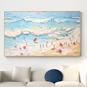 Landscape Beach Ocean Art Hand Painted Extra Large Heavy Textured Swimming Painting Minimalist Abstract Coastal Acrylic Living Room Art