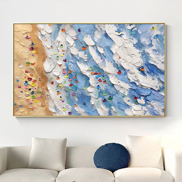 The Beach Joys Ocean Surfing Art Hand Painted Extra Large Heavy Textured 3D Minimalist Swimming Art Abstract Oil Painting Contemporary Art