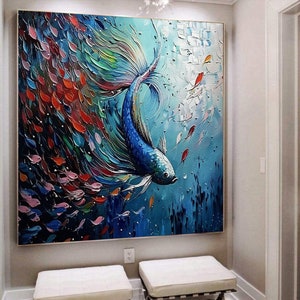 Large Original Fish Oil Painting On Canvas Fish Landscape Painting Canvas Wall Art Abstract Blue Sea Painting Boho Wall Art Decor Home Decor