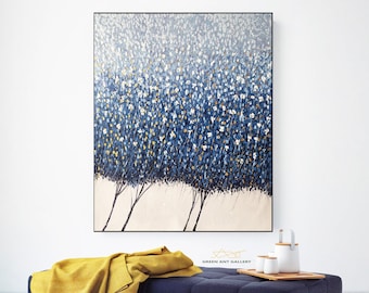 Abstract Blue Forest Oil Painting, Original Heavy Texture Tree Wall Art, Modern Pointillism Canvas Decor Living Room Wall Art