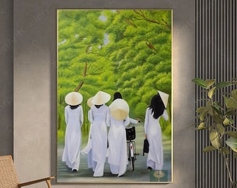 Pintura a óleo vietnamita para presente, mulher vietnamita em Ao Dai, pintura a óleo vietnamita feita à mão, arte de parede para sala de estar, pintura a óleo de Ao Dai