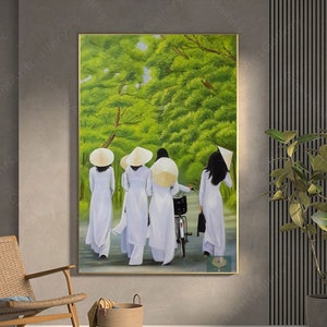 May include: A painting of five women in white dresses and conical hats walking down a path lined with green trees. One woman is riding a bicycle.