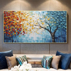 Large Original Tree Oil Painting On Canvas Forest Autumn Painting Living room Art Hand-painted Heavy Textured Impasto Painting Boho Wall Art