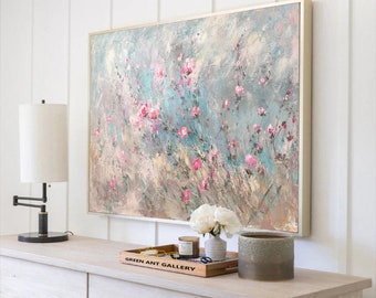 Flower Oil Painting On Canvas Abstract Pink Flower Painting Flower Landscape Painting. Floral Wall Art Canvas Spring Living Room Wall Decor