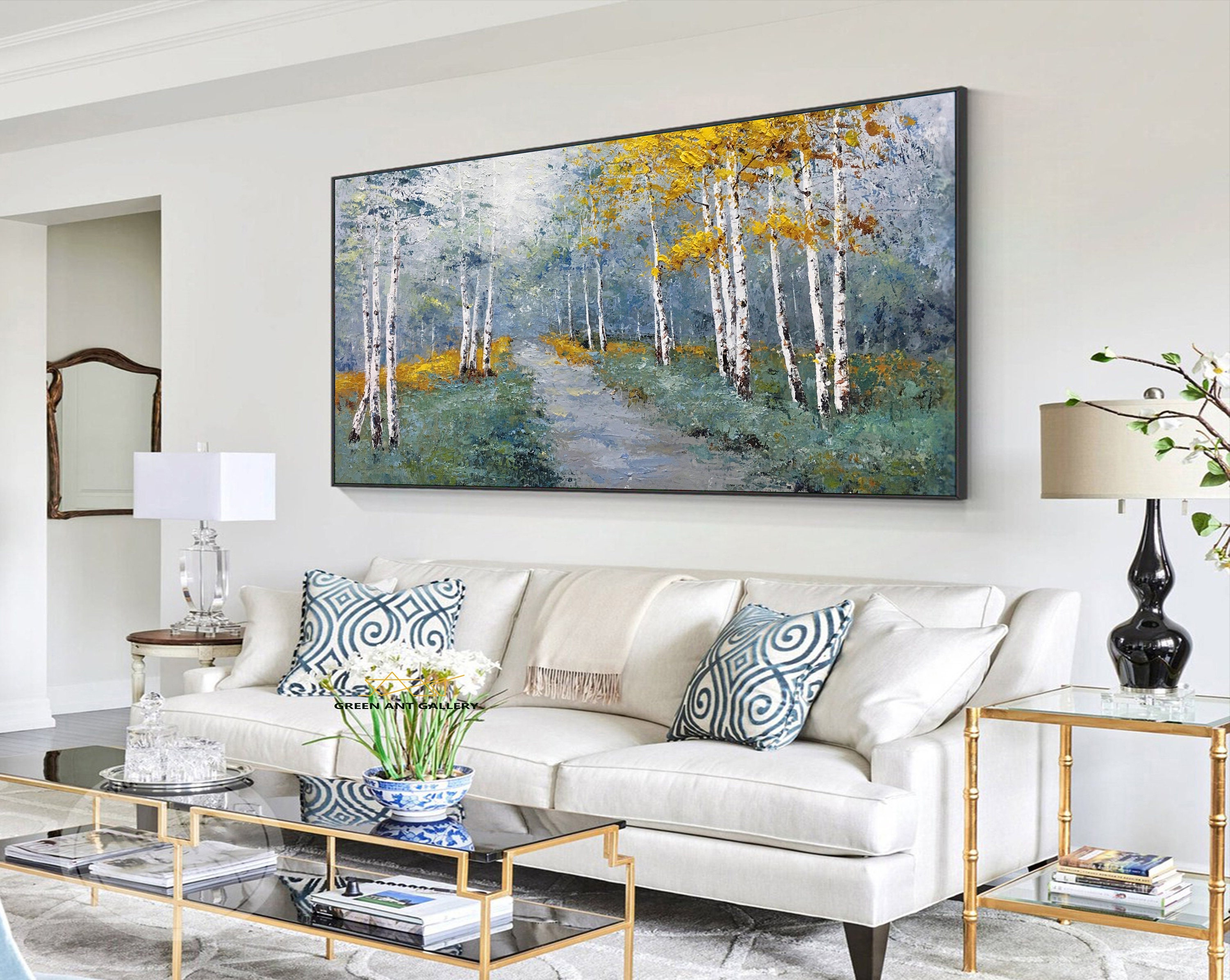 Large Birch Forest Oil Painting, Golden Autumn Landscape Canvas Art ...