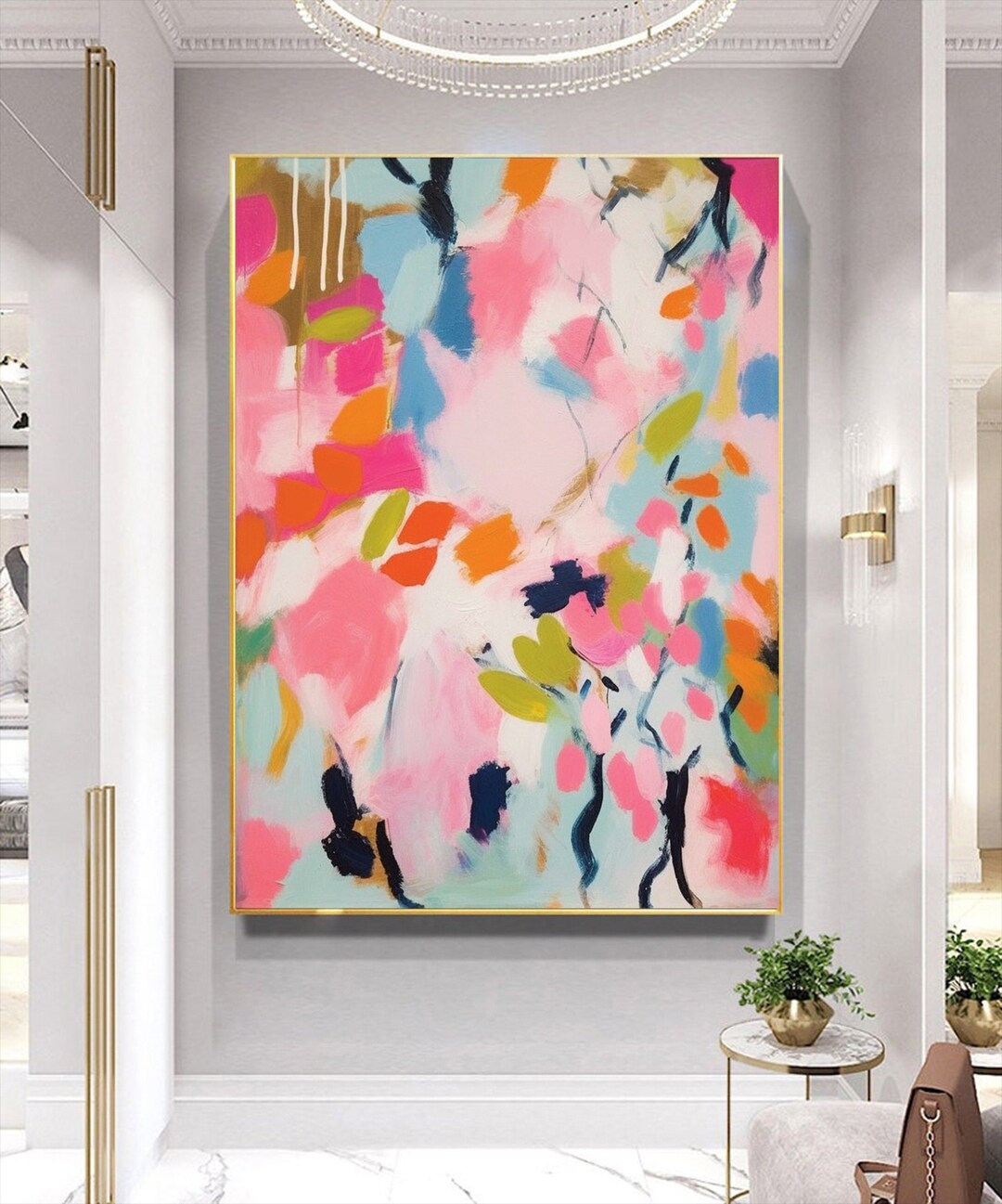 Abstract Pink Flower Oil Painting on Canvas, Original Floral Wall Art ...