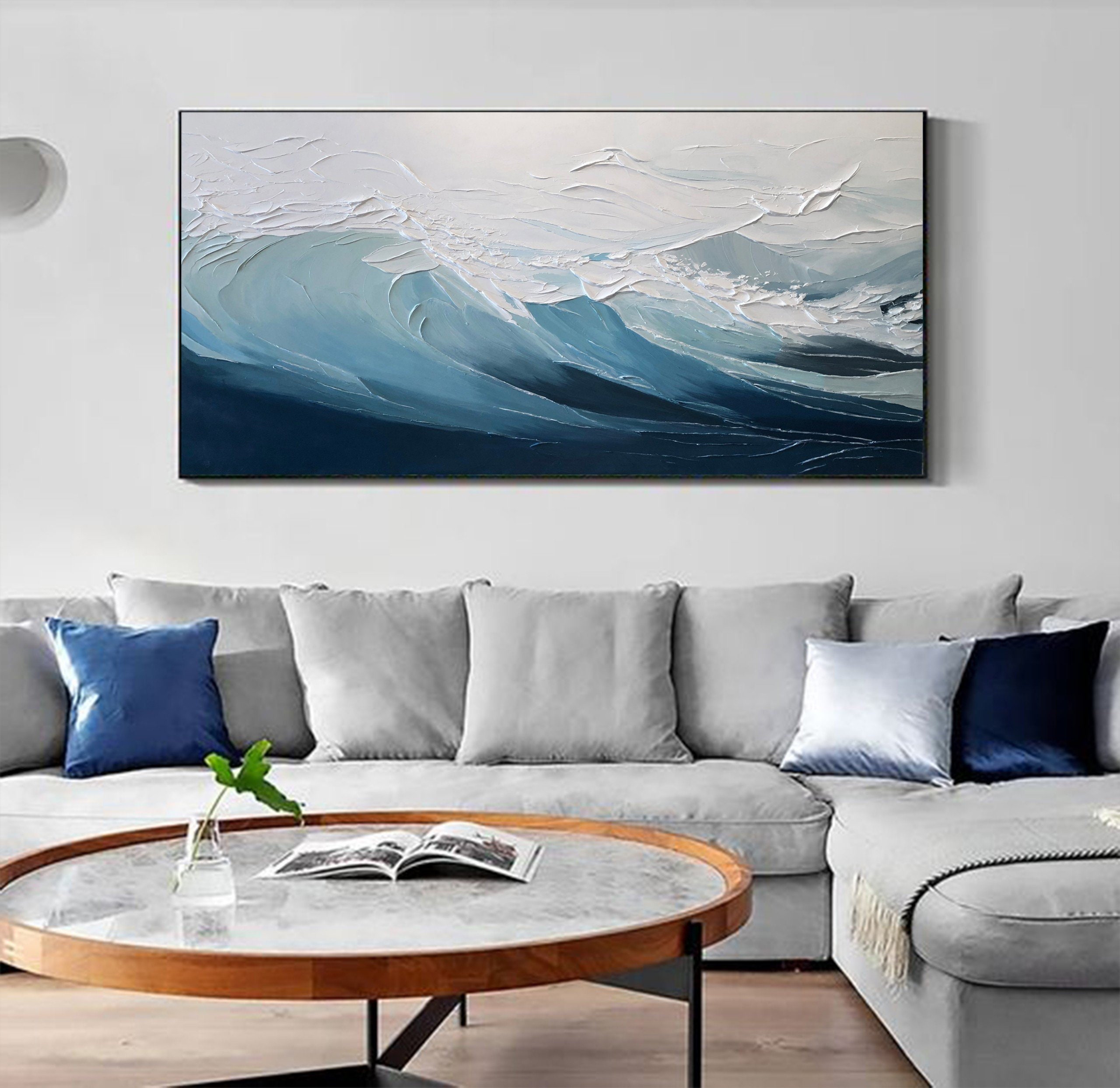 NANKAI Art Hand-painted Blue Thick Texture Abstract Oil Painting Modern Minimalist Style Wall Deco Art 45x30 Inch Large Canvas Wall Deco Art