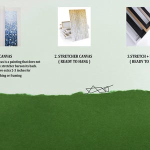 May include: An image showcasing three canvas options: rolled canvas, stretcher canvas, and stretch + frame. The rolled canvas is a painting without stretcher bars. The stretcher canvas is ready to hang. The stretch + frame option is also ready to hang.