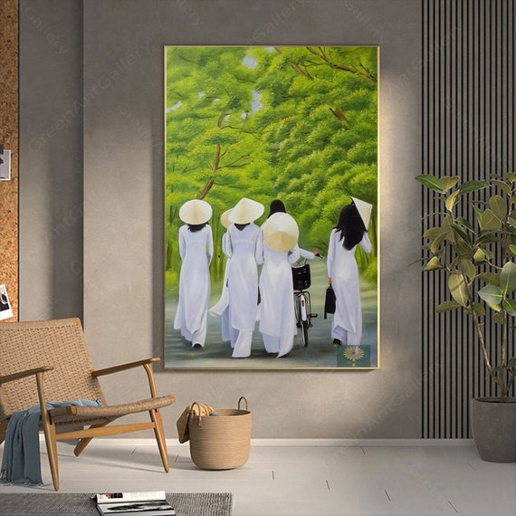 Vietnamese Gift Oil Painting, Vietnamese Womans In Ao Dai, Vietnamese Handmade Oil Painting, Living Room Wall Art, Ao Dai Oil Painting