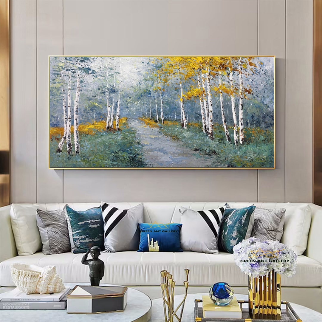 Large Birch Forest Oil Painting, Golden Autumn Landscape Canvas Art ...