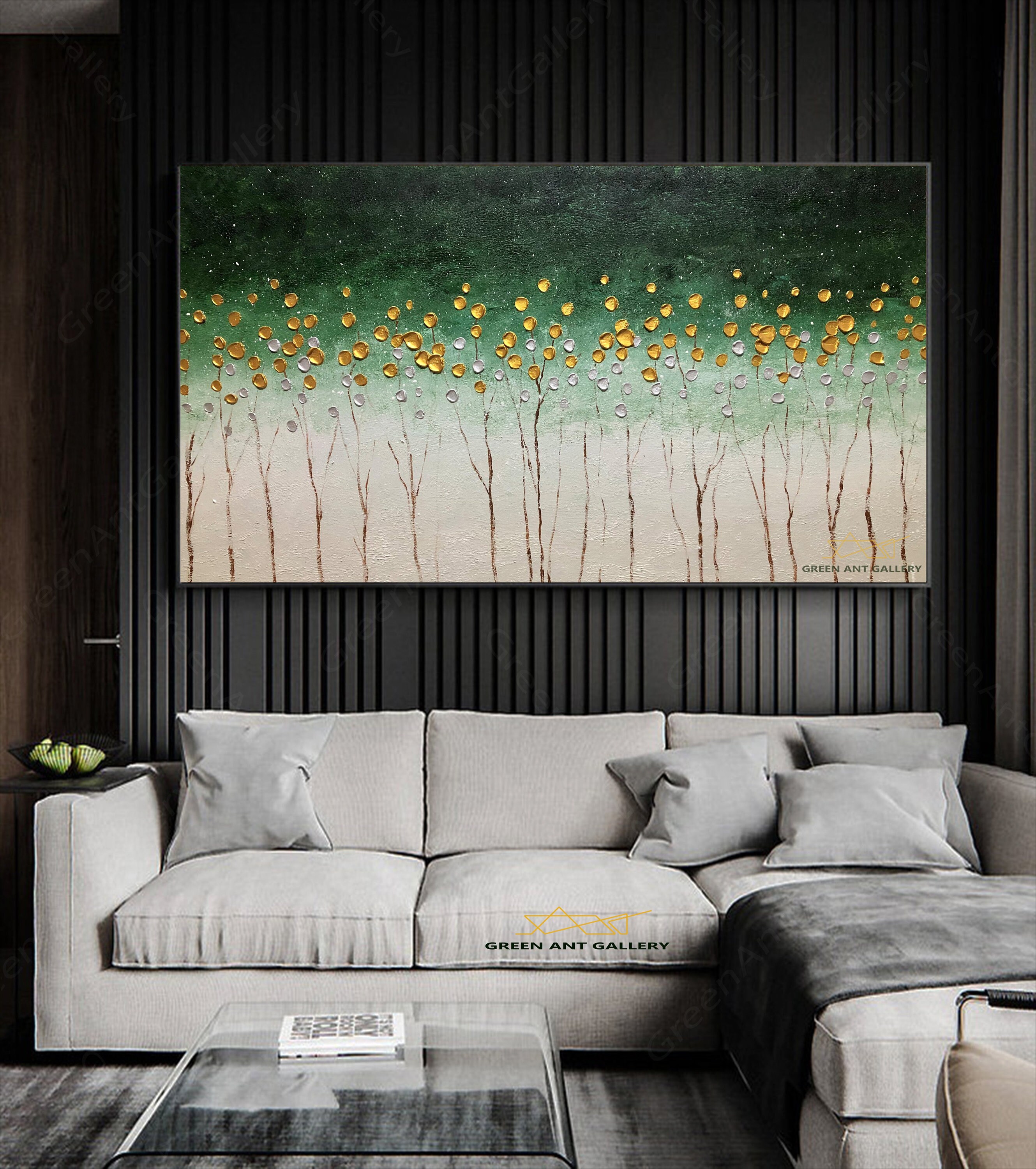 Large Abstract Oil Painting on Canvas Wall Art Green Fancy Acrylic ...