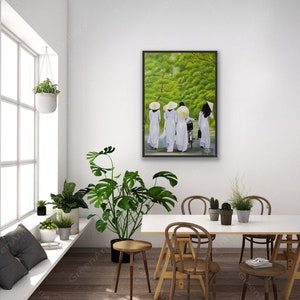 May include: A framed painting depicting four women in white dresses and conical hats walking down a path lined with green trees. The women are walking in a line, with the woman in the back riding a bicycle.