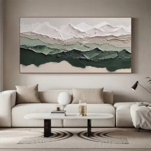 May include: Abstract landscape painting with white, beige, and green colors. The painting has a textured, layered look, creating a sense of depth and dimension.
