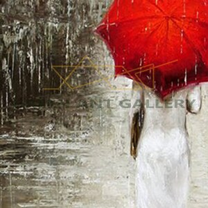 May include: A woman in a white dress walks in the rain holding a red umbrella. The background is a blurry gray and white.