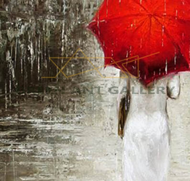 May include: A woman in a white dress walks in the rain holding a red umbrella. The background is a blurry gray and white.