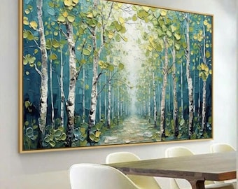 May include: An oil painting of a forest scene with birch trees and a path leading into the distance. The artwork features a palette of teal, green, and white, with a gold-colored frame. The textured brushstrokes create a three-dimensional effect.