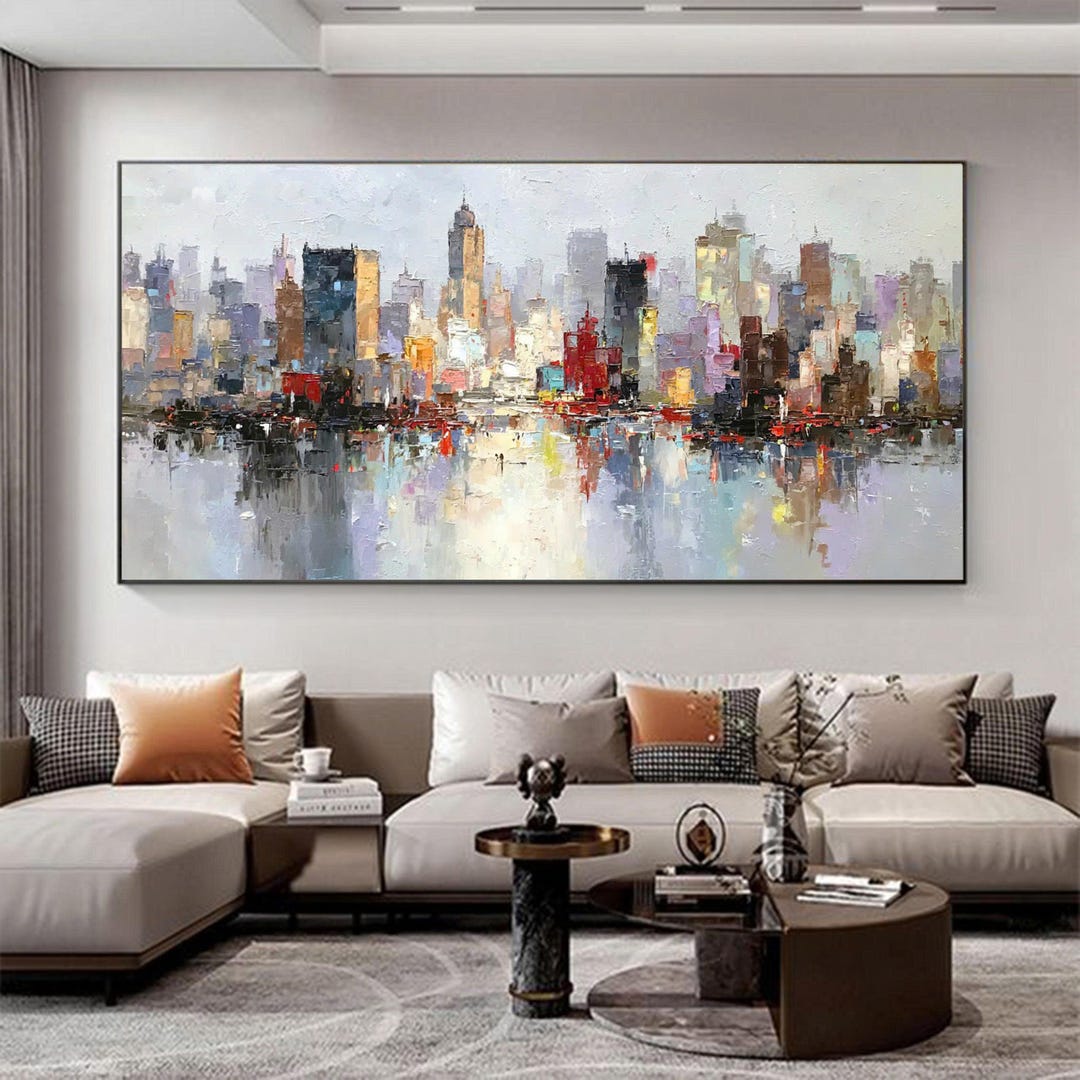 Abstract Cityscape Oil Painting, Large Original Colorful Urban City ...