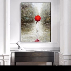 May include: A painting of a woman walking in the rain with a red umbrella. The woman is wearing a white dress and the background is a blurry cityscape.