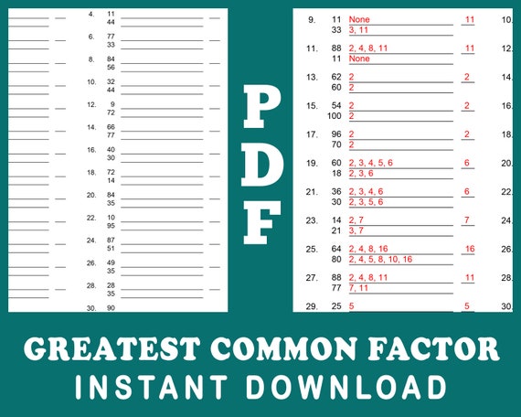 Greatest Common Factor Chart Printable