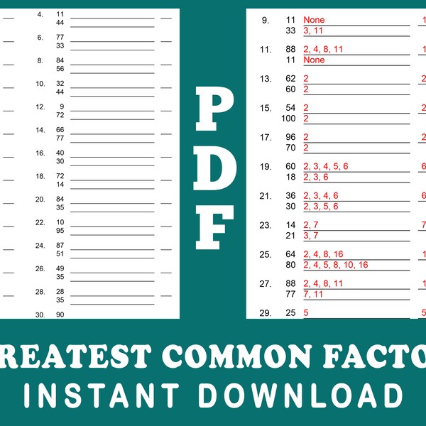 Greatest Common Factor Math Practice Sheets Etsy