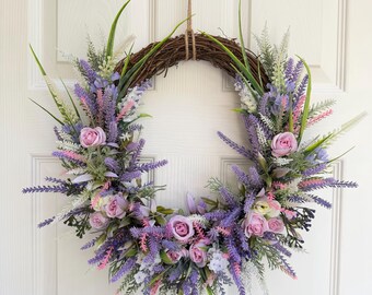 Summer wreath. Meadow wreath. Artificial flowers. Real touch flowers. Lilac and pink. Wildflowers wreath. Bridgerton. Flowers. Lavender.