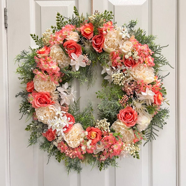 Summer wreath. Rose wreath. Bridgerton wreath. Wedding flowers. Large door wreath. Peony wreath. Forever flowers. Deluxe. Country Wreath.