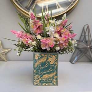 Book Vase. Pride and prejudice.  Artificial flower arrangement. Gifts for her. Home decor.  Gifts for readers. Wildflower. Jane Austen.
