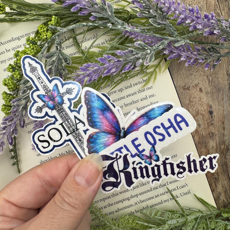 Kindle stickers. Quicksilver inspired stickers. Romantasy. Fantasy. Stickers. Kingfisher. Little osha. Gift ideas. Solace. Gifts for readers Set of 4