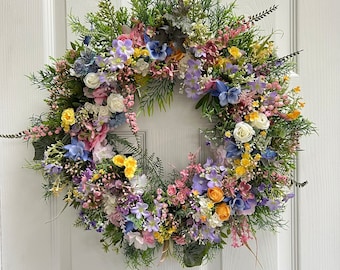 Summer wreath. Meadow wreath. Artificial flowers. Real touch flowers. Lilac and pink. Wild wreath. Garden. Home decor. Cheerful wreath.