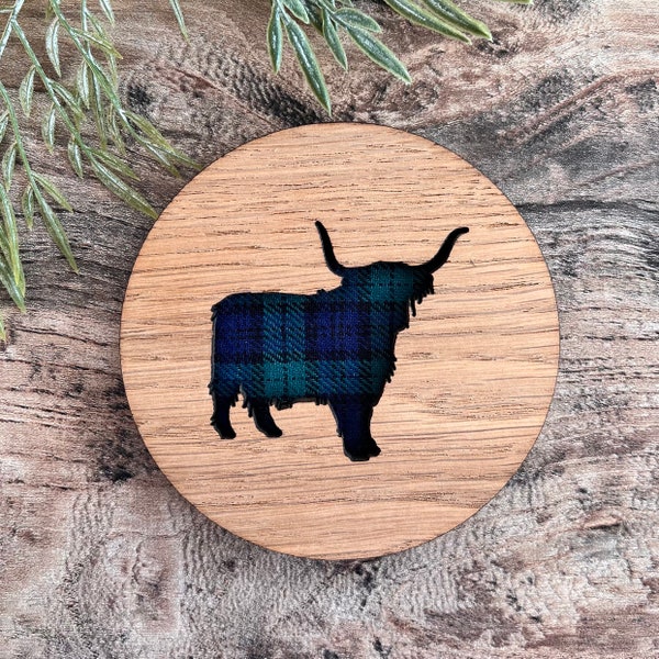 Highland cow coasters. Blackwatch Tartan. Scottish icon coasters. Oak coaster. Gift ideas. Burns night.  New home gifts. Placemats. Stewart.