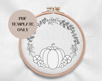 Plantilla PDF de bordado a mano de corona floral de calabaza - 5 tamaños de aro - Patrón de bordado a mano para principiantes - Otoño, Descarga digital de otoño