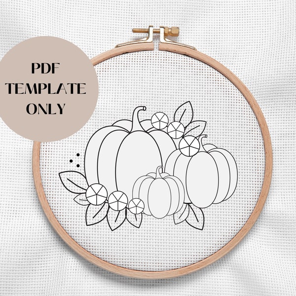 Pumpkin Floral Hand Embroidery PDF Template ONLY - 5 Hoop sizes - Beginner Hand Embroidery Pattern - Autumn,Fall Embroidery Digital Download