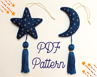 Ornement en feutre lune et étoile PDF Patron de couture : Décoration de Noël céleste DIY / Boho Nursery Decor