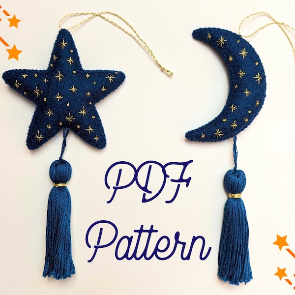 Moon and Star Felt Ornament PDF Sewing Pattern: DIY Celestial Christmas Decoration / Boho Nursery Decor