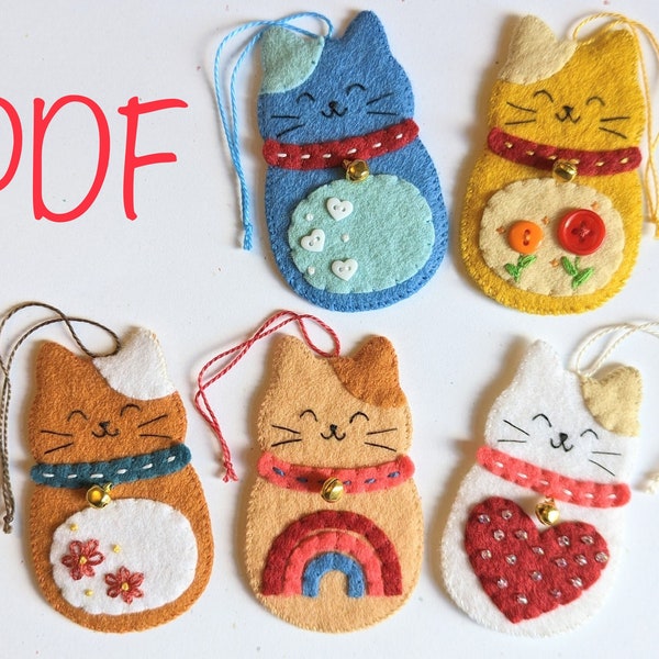 Ensemble de motifs PDF de cinq chats mignons : patron de couture numérique pour cinq ornements en feutre suspendus mignons Kitty