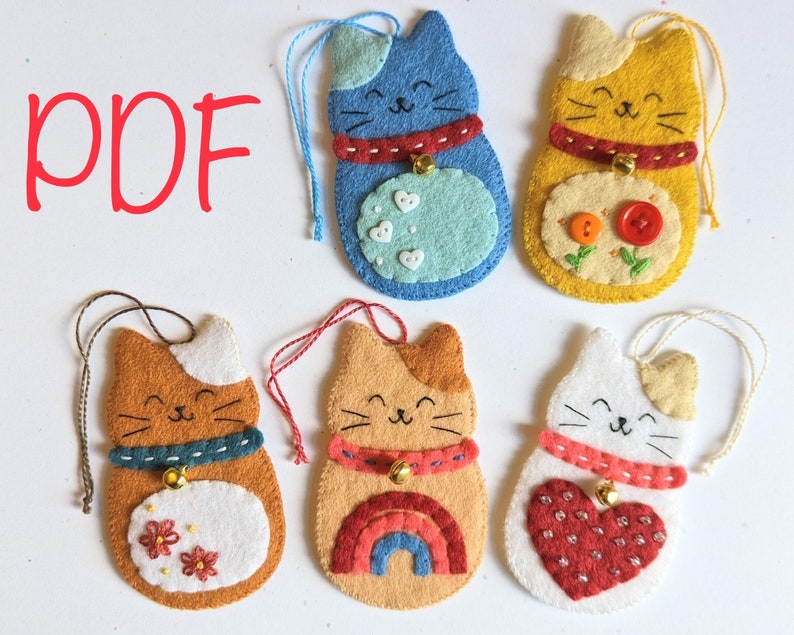 Five Cute Cats PDF Pattern Bundle: Digital Sewing Pattern for Five Cute Kitty Hanging Felt Ornaments image 1