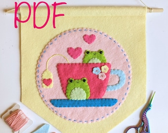 Cute Frog Banner PDF Pattern: Sew Your Own Kawaii Felt Banner of Frogs Bathing in a Teacup