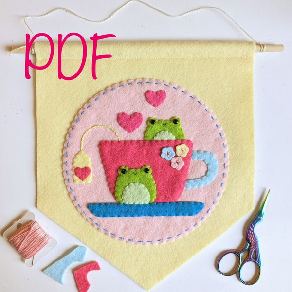 Cute Frog Banner PDF Pattern: Sew Your Own Kawaii Felt Banner of Frogs Bathing in a Teacup