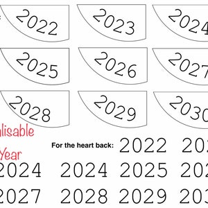 K&ouml;nnte beinhalten: Ein druckbares Blatt mit neun leeren Kreisen, jeder mit einem anderen Jahr von 2022 bis 2030. Der Text "F&uuml;r 'Baby Steps' Vorderseite" befindet sich oben auf dem Blatt. Der Text "Personalisierbares Geburtsjahr" befindet sich unten auf dem Blatt. Der Text "F&uuml;r die R&uuml;ckseite des Herzens" befindet sich unten auf dem Blatt, gefolgt von einer Liste der Jahre von 2022 bis 2030.