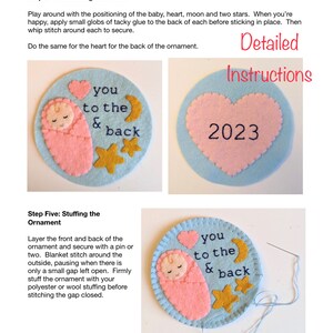 K&ouml;nnte beinhalten: Anleitung zum Basteln einer Filz-Dekoration mit Baby, Herz, Mond und Sternen. Die Dekoration ist blau mit rosa Akzenten und tr&auml;gt die Aufschrift "you to the & back" und "2023".