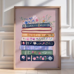 Pastelkleurige boekstapelprint, grillige bloemenboekkunst (digitale download)