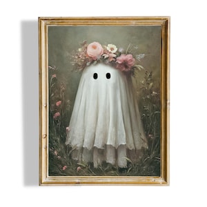 Floral Ghost Wall Art, Cute Halloween Oil Painting, Spooky Ghost Print, Ghost Spooky Wall Decor, Halloween Digital Art, Instant Download