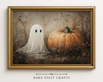 Cute Ghost and Pumpkin Halloween Print, Spooky Wall Art (Digital Download)
