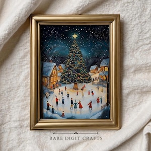 Könnte beinhalten: Ein gerahmter Druck, der eine Winterlandschaft mit einem großen Weihnachtsbaum, Eisläufern und schneebedeckten Häusern zeigt. Das Kunstwerk ist in einem goldenen Rahmen und trägt unten den Text "RARE DIGIT CRAFTS". Die Szene spielt nachts mit einem Sternenhimmel.